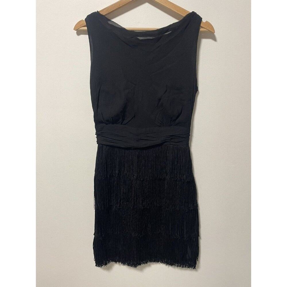 Vintage Little Black Dress Flapper Style Fringe Skirt Silk Top Size Small